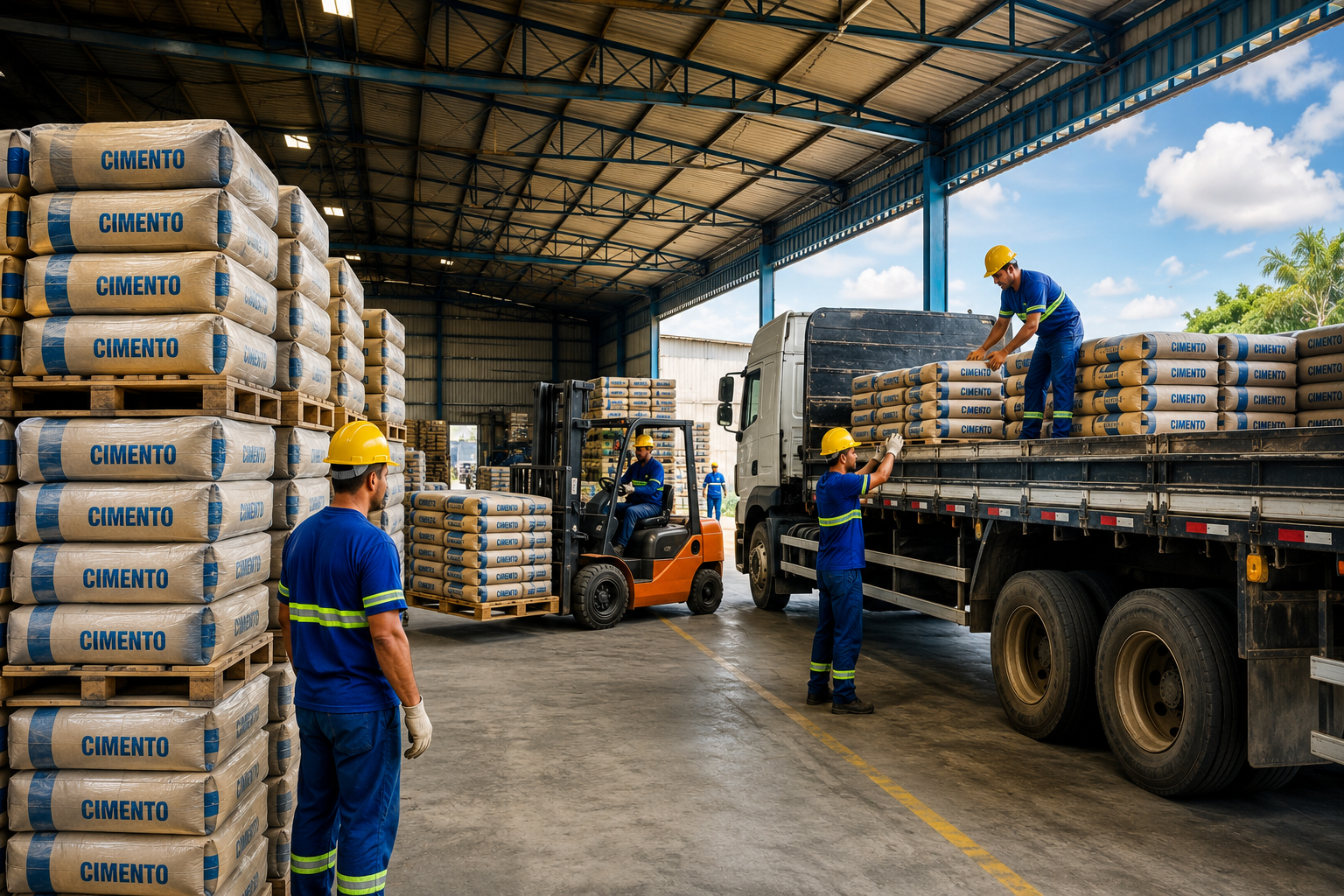 Sacos de cimento empilhados em depósito de materiais para construção